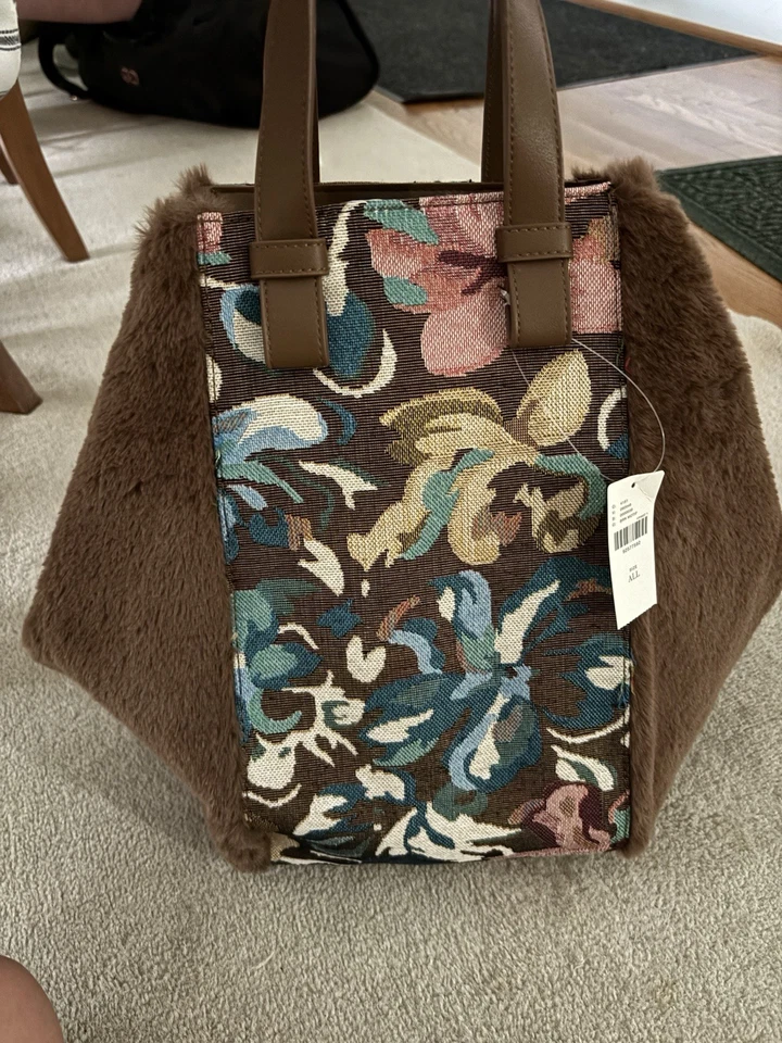 Bolsa satchel Anthropologie veludo dois tons floral tapeçaria marrom pele sintética - Imagem 3 de 4