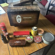 Vintage Esquire Shoe Care Chest Wooden Shine Box 1960  s With Brushes Polish Etc