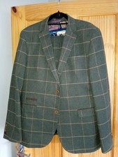 NEXT Wool Mix Khaki Tweed Check 3 Piece Suit 44R / 36R Trousers