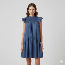 Sea New York Marlene Tunic Mini Dress Smocked Ruffle Blue Cotton Blend Sz Small