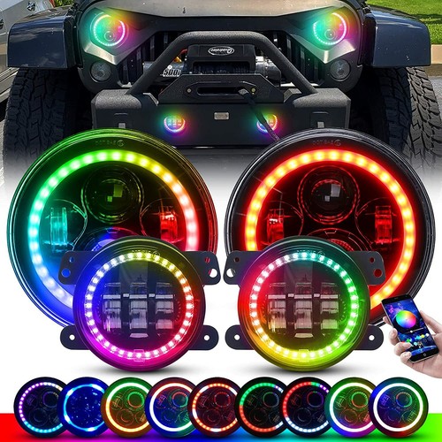 Round LED Headlights + 4" Fog Lights RGB For Jeep Wrangler JL 2018+ Gladiator JT - Picture 4 of 16