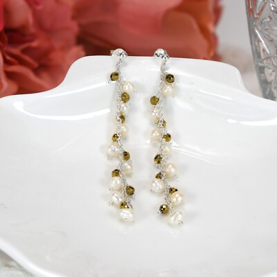 Sparkling Gold Pyrite Long Dangling and Pearl Sterling