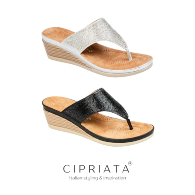 Women's Cipriata Sandals Toe Post Wedge Diamonte Padded Summer Holiday Beach