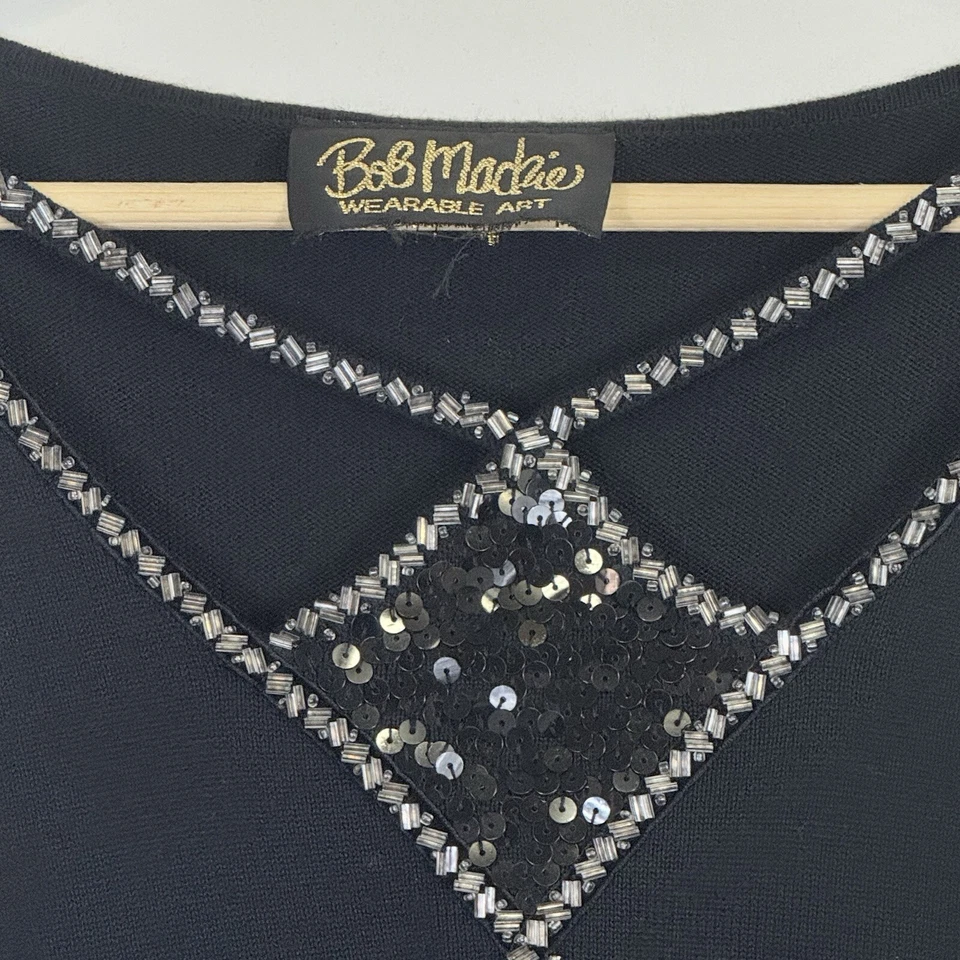 Bob Mackie 可穿戴艺术黑色亮片串珠镂空领毛衣女式 XL 1X — 第 3/4 张图片