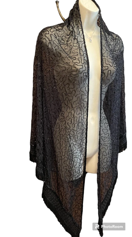 Женская винтажная черная шаль из бисера SCALA 1980-е - Изображение 2 из 4