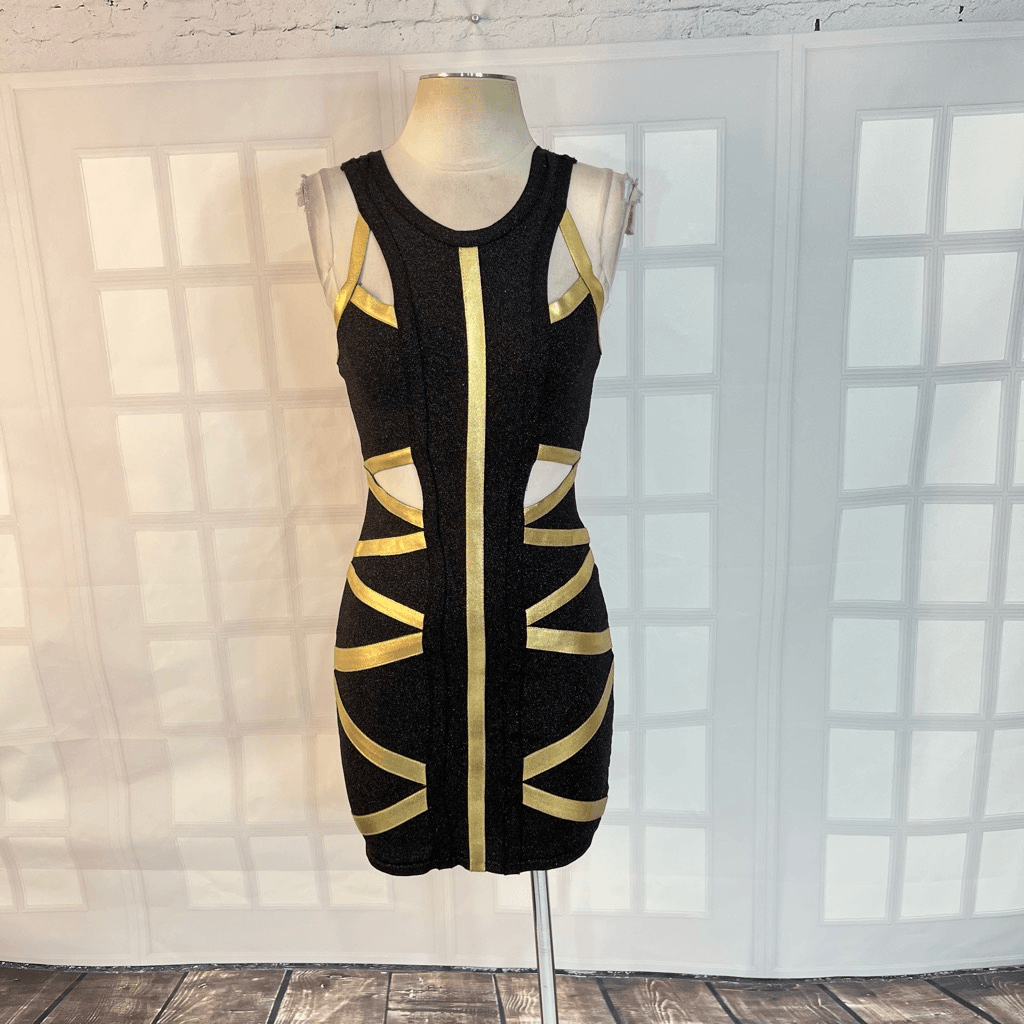 Bebe Addiction Cut Out Gold Metallic Bandage Bodycon Black Mini Dress Size S