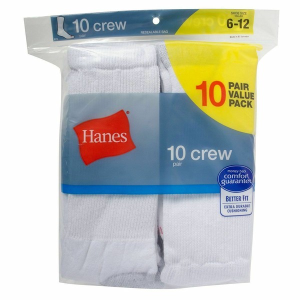 Hanes Men's 10 Pairs Athletic Cotton Crew Socks White Reinforced Toe