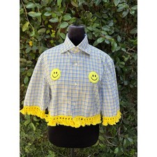 Upcycled cropped men's dress shirt - Blue & Yellow Plaid Smiley Faces