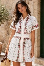 J Crew Map Print Floral Mini Shirt Dress Ivory Cotton Poplin Cerise Womens 2