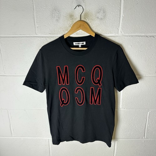 Alexander McQueen, Alexander McQueen Shirt Mens Small Black Red Velour Spell Out Tee Casual MCQ*