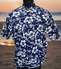 Hilo Hattie Blue Hawaiian Hibiscus Cotton S/S Button Up Shirt Men's Sz L