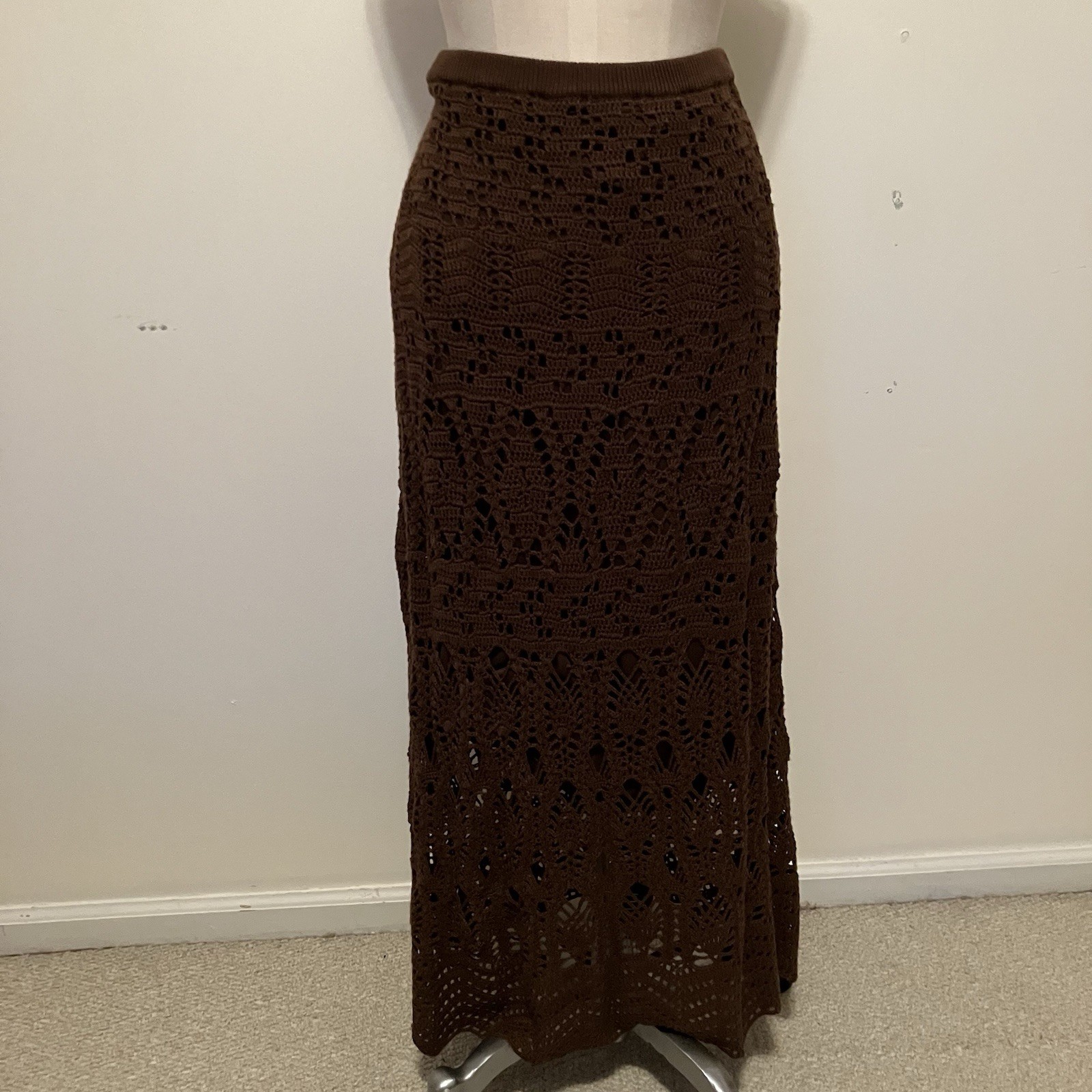 VTG Womens Brown Crochet Lined Maxi Skirt Pull-on Sz.XL Boho Festival Straight