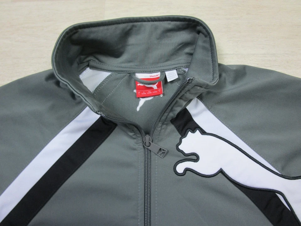 Chaqueta deportiva Puma gris con cremallera completa cuello falso logotipo grande talla (L) a rayas para hombre Foto 4 de 4