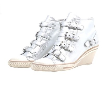 Vtg Ash Silver Leather High Top Wedge Sneakers High Heel Buckle