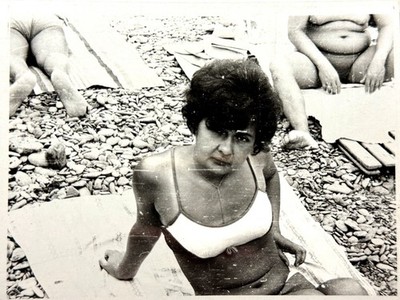 Serious Brunette Woman in Swimsuit Pinup Beauty B&W Photo 1970s