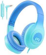 Kids Wired Headphones, Blue Green, Microphone, 85/94dB Volume Limiter, School