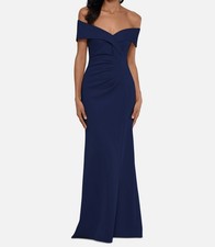 X by Xscape Women's Blue Scuba Ruched Off-Shoulder Sweetheart Dress Size 16