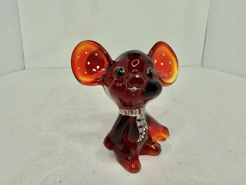 Vintage Fenton Glass Mouse Figurine Ruby Red Christmas Handpainted Signed