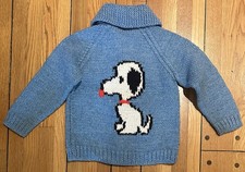 VINTAGE 70s KIDS SNOOPY COWICHAN KNIT SWEATER FULL ZIP SHAWL COLLAR CARDIGAN