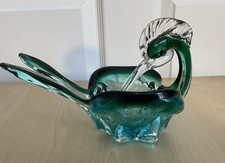 Murano / Venetian Art Glass Vibrant Blue-Green Crested Bird Bowl / Centerpiece