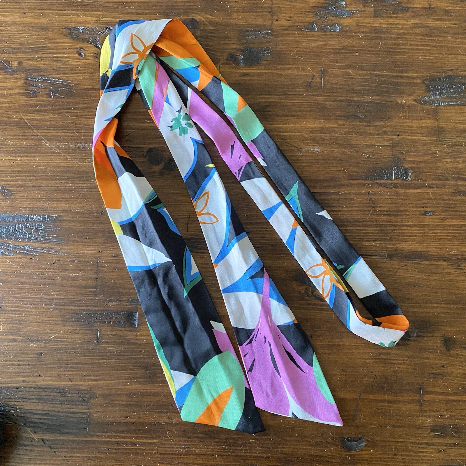 Vintage Multicolored Striped Silk Scarf Neck Hair Tie Orange Black Mod Retro 72”