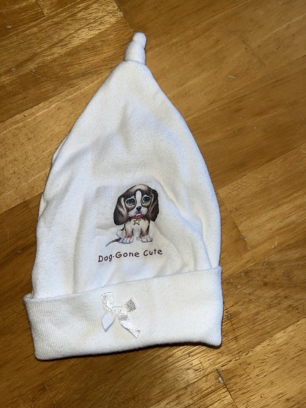 Boys NB White Doggone Cute Hat Cap  0-3M Newborn Brown Hound Dog