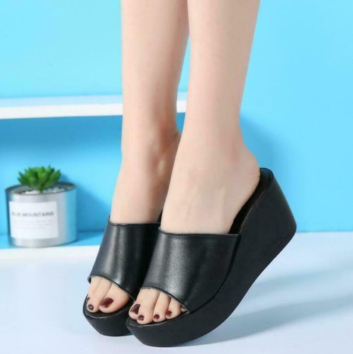 Womens Mules Sandals Platform Slides pu Leather Slipper Wedge Heel casual Shoes - Picture 12 of 14