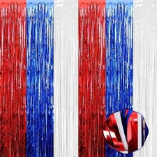 6 Pack White Blue Red Foil Fringe Curtain Backdrop 3.28Ft x 8.2Ft Metallic Ti...