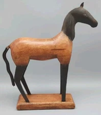 Wood and Metal Standing Horse on Wooden Base  Folk Art Style Decor Primative 