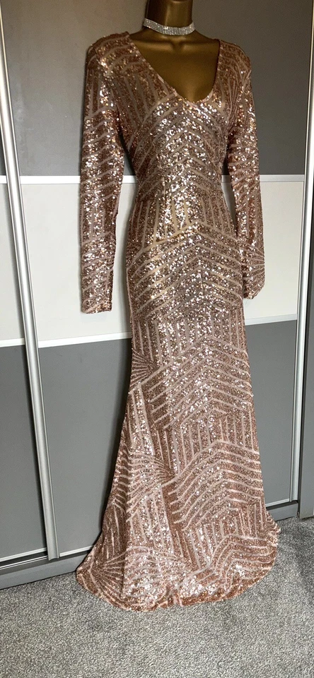 Elegante Maxi Vestido Oro Rosa Lentejuelas Noche Ocasión Crucero Cóctel Fiesta Talla 8 Foto 2 de 4