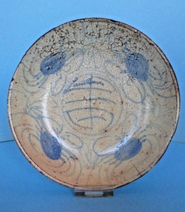 Chinese Late Ming Swatow Export Blue & White Porcelain Bowl Crabs & Shou Symbol
