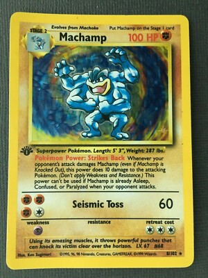 machamp holographic card worth 1st Edition Machamp Holo Foil Pokemon Card Base Set 8/102