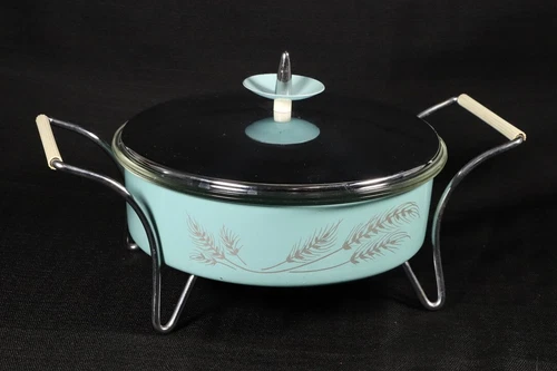 Vintage Pyrex Turquoise Chafing Dish Casserole Server Wheat MCM 10" Diameter