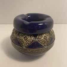 Vintage 2 Piece Glass Ashtray Cobalt Blue & Brass Trim