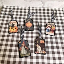 Farmhouse Wood Halloween Gift Tags Ornaments Decoupaged Pumpkin Jack-O-Lantern