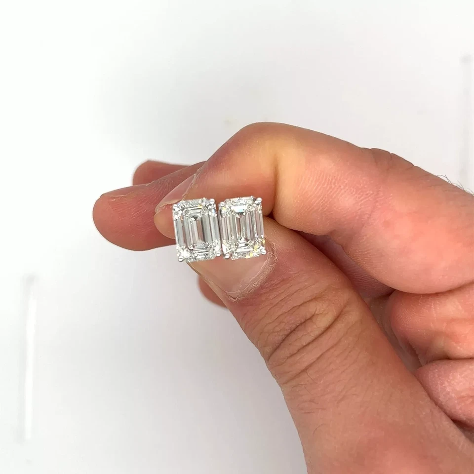 4 Ct Basket Set Emerald Cut E VVS2 Lab Grown Diamond Stud Earrings 14K Gold IGI