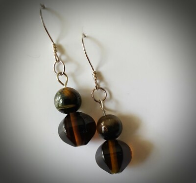 Natural tiger eye Gemtone solid sterling Silver Hook Earrings 