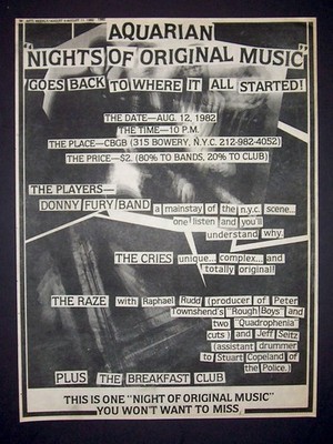 Breakfast Club The Raze The Cries Donny Fury CBGB 1982 Poster Type Concert Ad