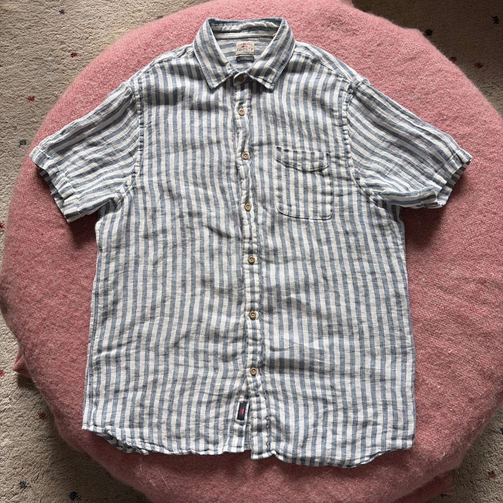 Faherty Palma Linen Shirt Mens L Blue Short Sleeve Striped Button Casual Beach
