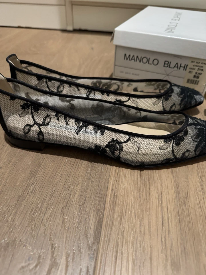 Mujer Manolo Blahnik Vintage Lee Encaje Negro Ballet Pisos 38.5 8.5 Italia Foto 2 de 4