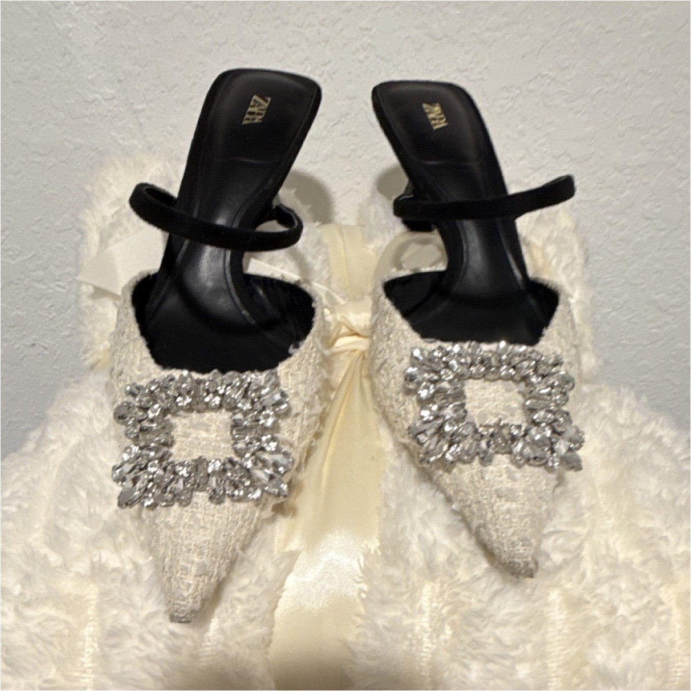 Zara Women's Rhinestone Beaded Pointed Toe Slip-On Kitten Heel Mules Black White