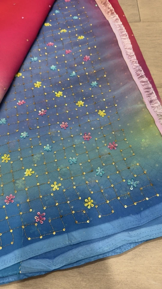 Pure Chiffon, Pink And Multicolor Hand Work Saree With Stitched Blouse - Image 2 of 4