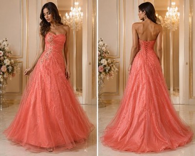 Y2K Coral Satin Prom Dress Strapless Beaded Ball Gown Formal Pageant Dress Cinde