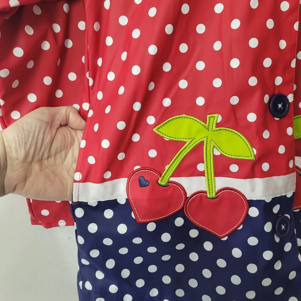 Hartstrings Girls Raincoat Size 5/6 Red White Polka Dot Cherry Applique Hooded - Image 2 of 4