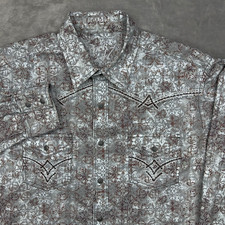 WRANGLER ROCK 47 Western Shirt Long Sleeve Pearl Snap Men's Medium Gray Paisley