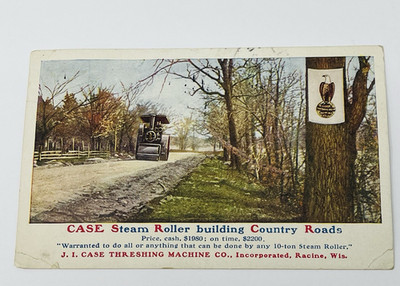 1909 J.I. CASE Steam Powered Roller Advertising Postcard Road Construction