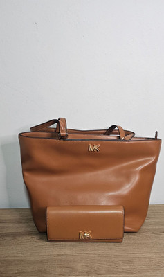 Michael Kors Mott Acorn Brown Leather Double Handle Zipper Tote Bag w/ wallet