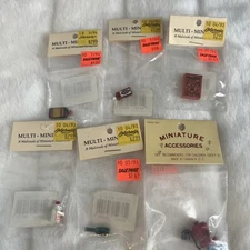 Vintage Miniature Doll House Accessories Lot 6pkg NIP Bottles, Pipe, Gold Dust