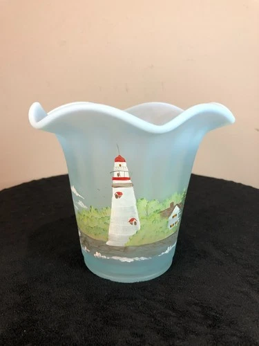 Fenton Glass 6" Lighthouse Blue Vase American Gallery Hand Painted Tammy Neader