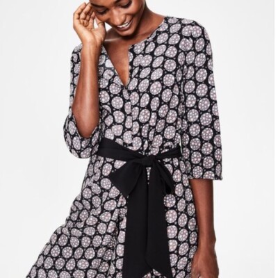 boden ottilie shirt dress Boden Ottilie Black Starry Spot A-line Dress Waist Tie Drapey Career Size 4
